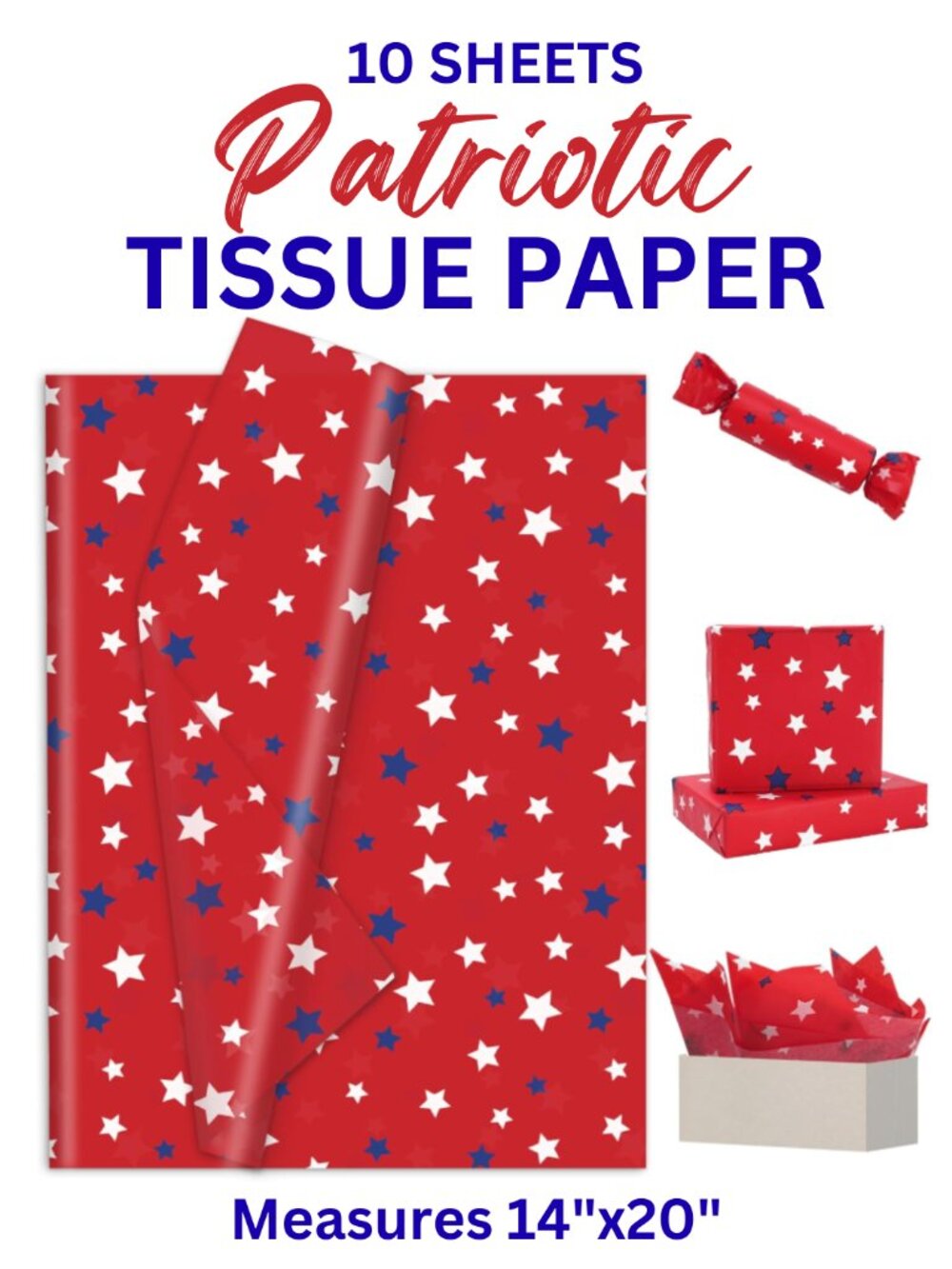10 Pack 14x20 Tissue Paper Patriotic Blue Stars & Whit Stars on Red Background - Picture 2 of 2